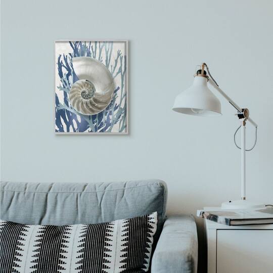 Stupell Industries Shell Coral Beach Blue Design Framed Wall Art